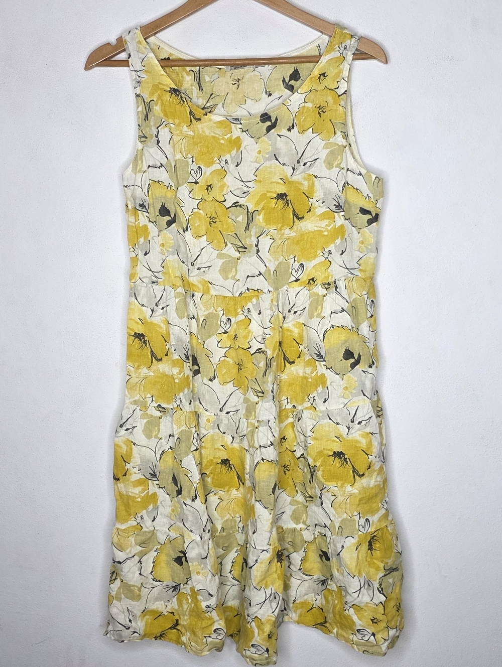 Valentina Naldi Linen Yellow Floral Sleeveless Dress Women's Size Large L